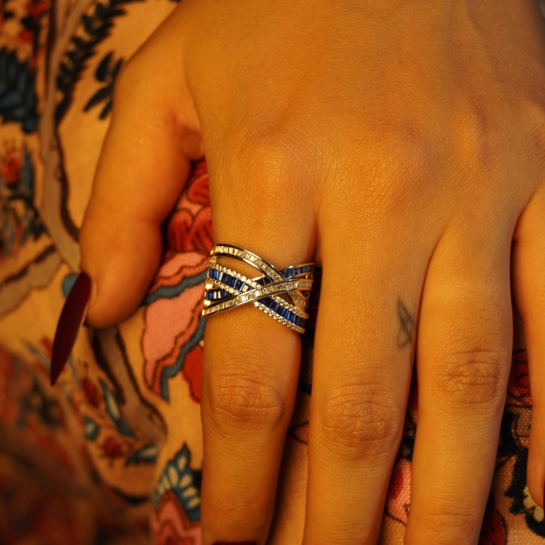 Blue & CZ Criss-Cross Statement Ring