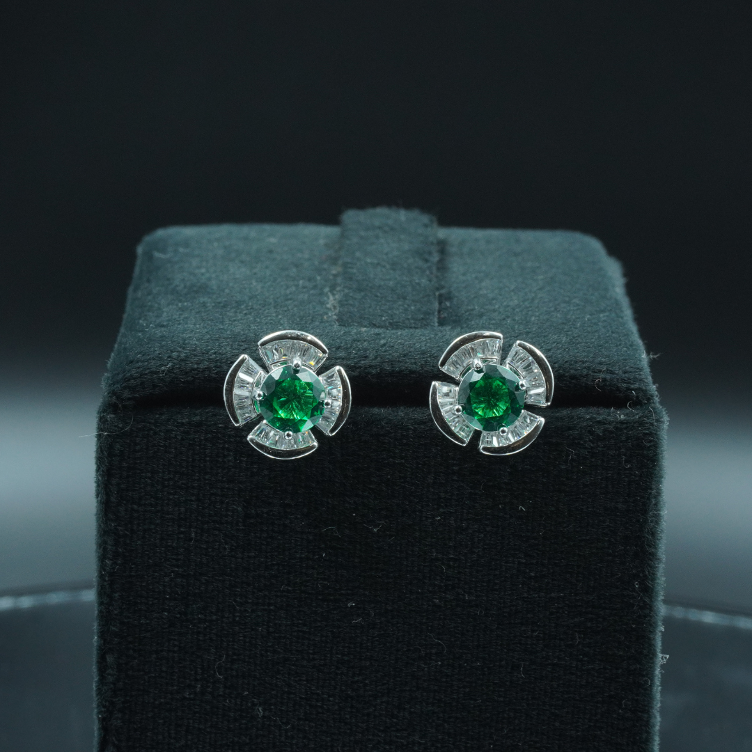 Green Crystal Floral Stud Earrings