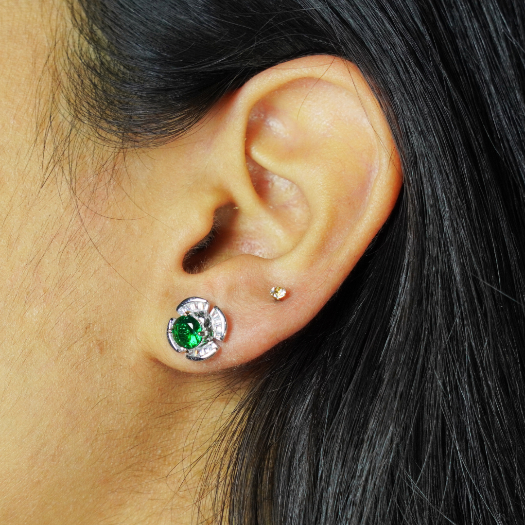 Green Crystal Floral Stud Earrings