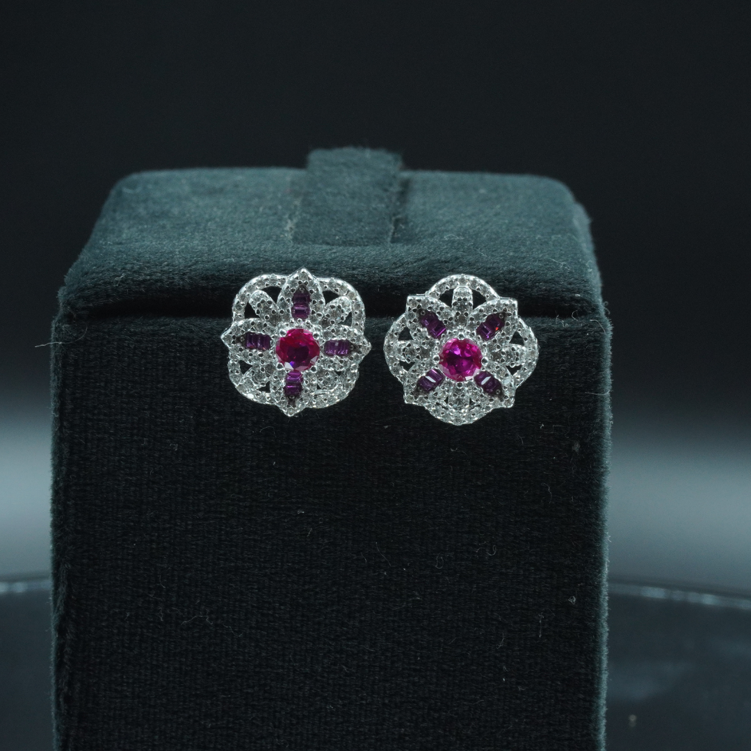 Ruby & CZ Floral Stud Earrings